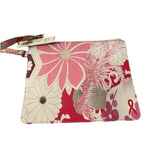 NEW Chicos COSMETIC BAG Wristlet Pouch Pink Flowers Angel Wings Purse 9.5 x 7.5"